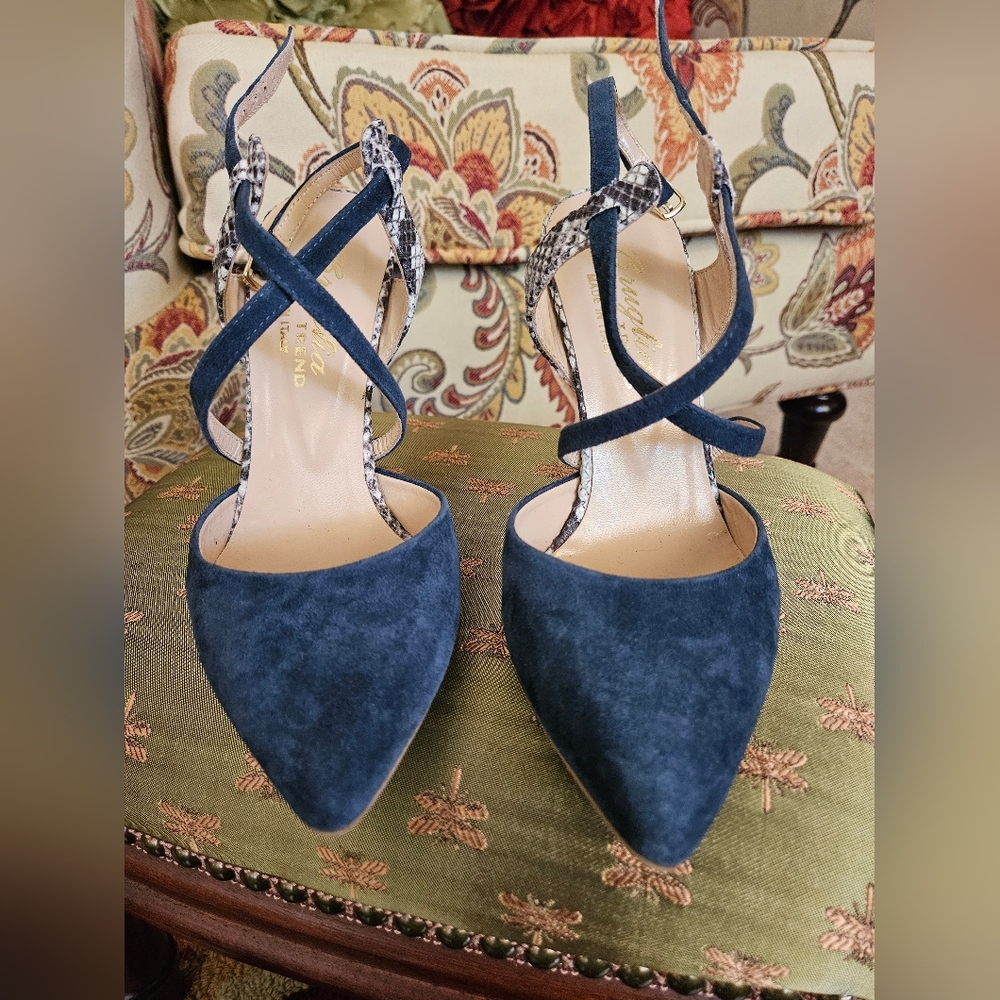 Bruglia Blue Sued & Snake Skin Pumps